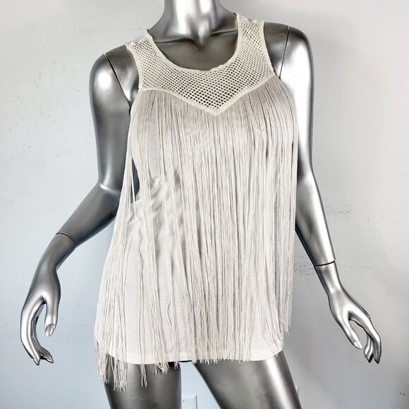 NWT~$60~INC~INTERNATIONAL CONCEPTS~S~WHITE FRINGE SLEEVELESS T-SHIRT TANK TOP - Picture 8 of 16
